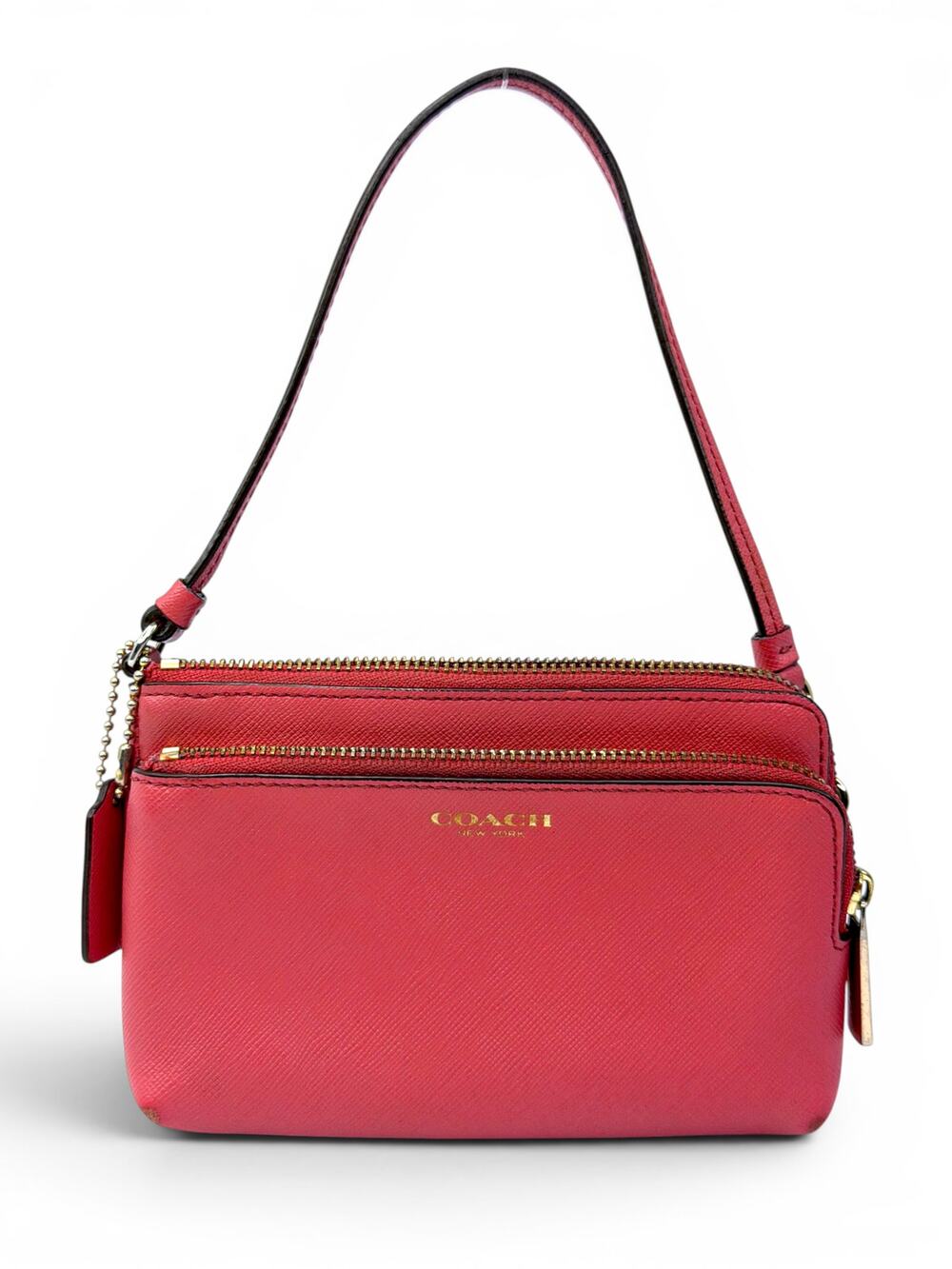 Coach Pink Crossgrain Leather Double Zip Wristlet Wallet Pouch Gold Tone
